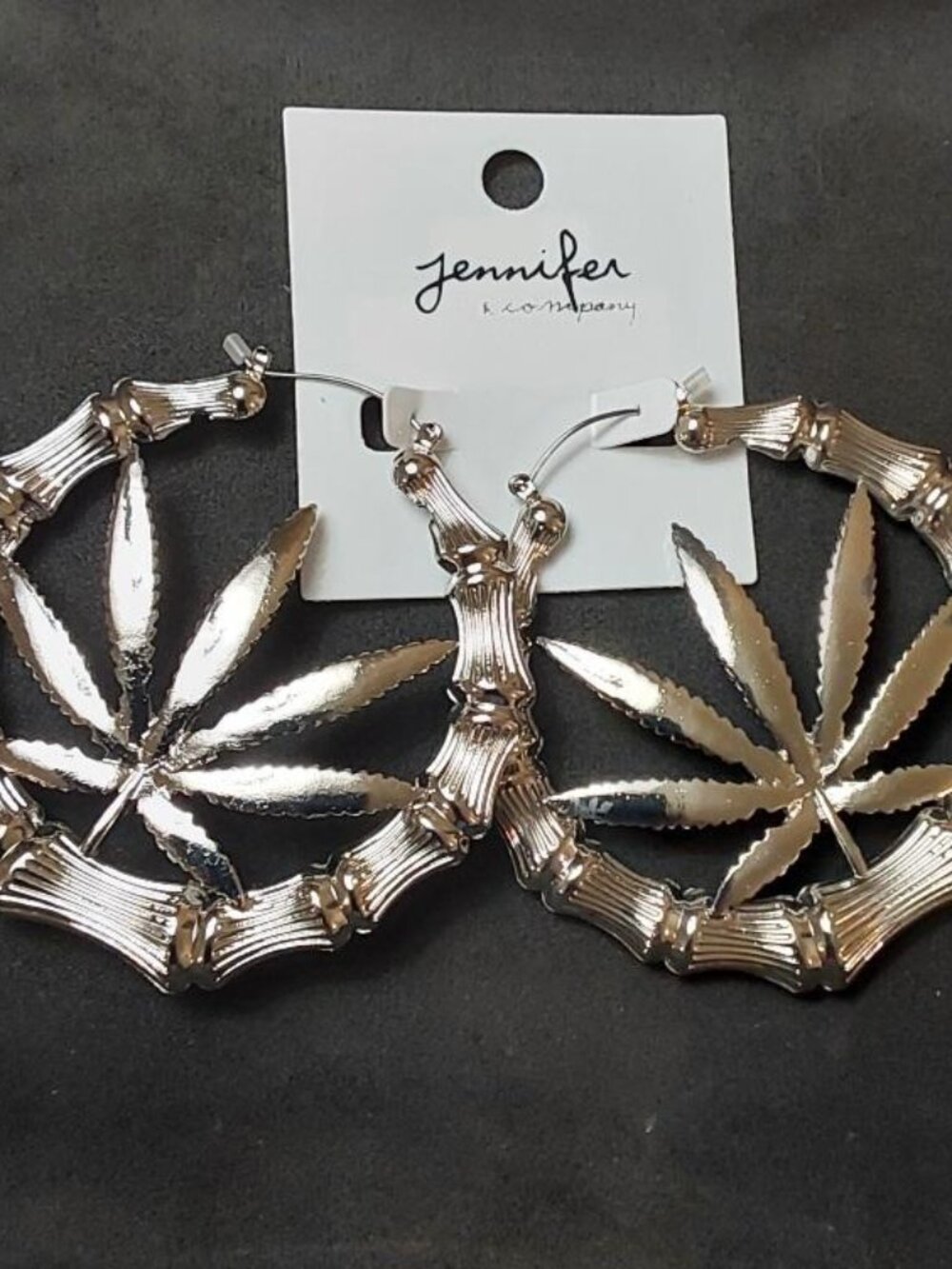 NWT Jennifer & Company Silver-tone Bamboo Cannabis Leaf Hoop Earrings
